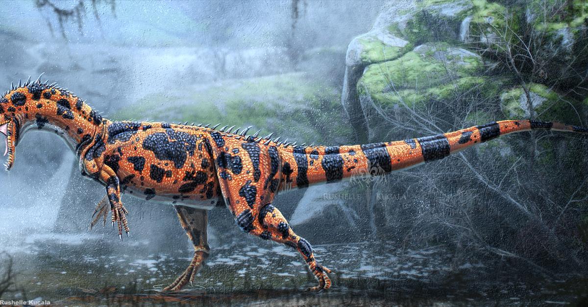 Detailed shot of the Dilophosaurus, or Dilophosaurus wetherilli, in its natural setting.