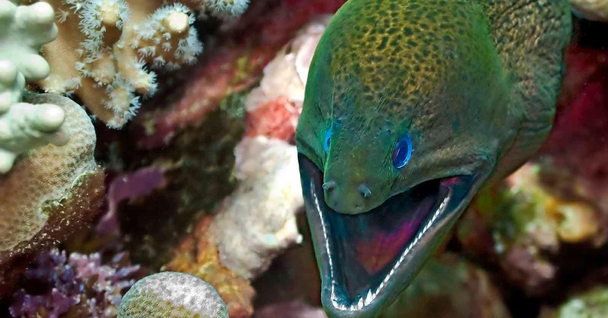 Detailed shot of the Moray Eel, or Muraenidae, in its natural setting.