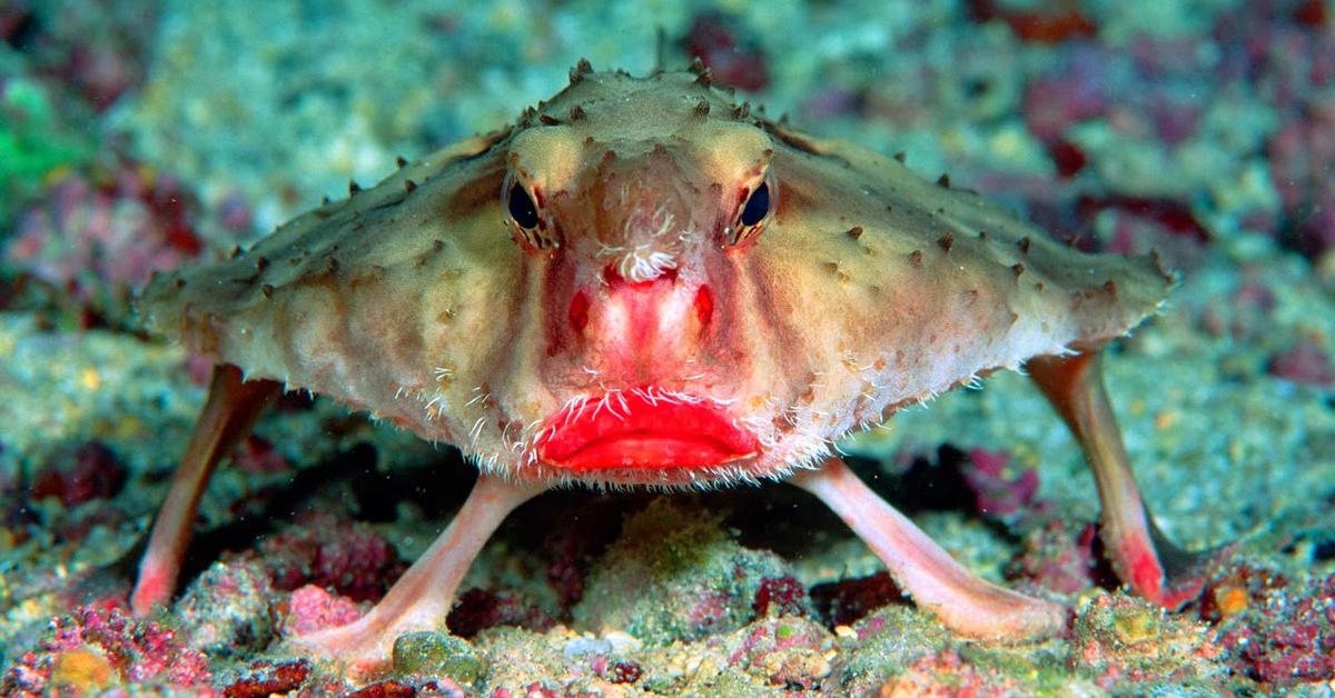 Photographic depiction of the unique Red-Lipped Batfish, locally called Ikan Tikus Bibir Merah.