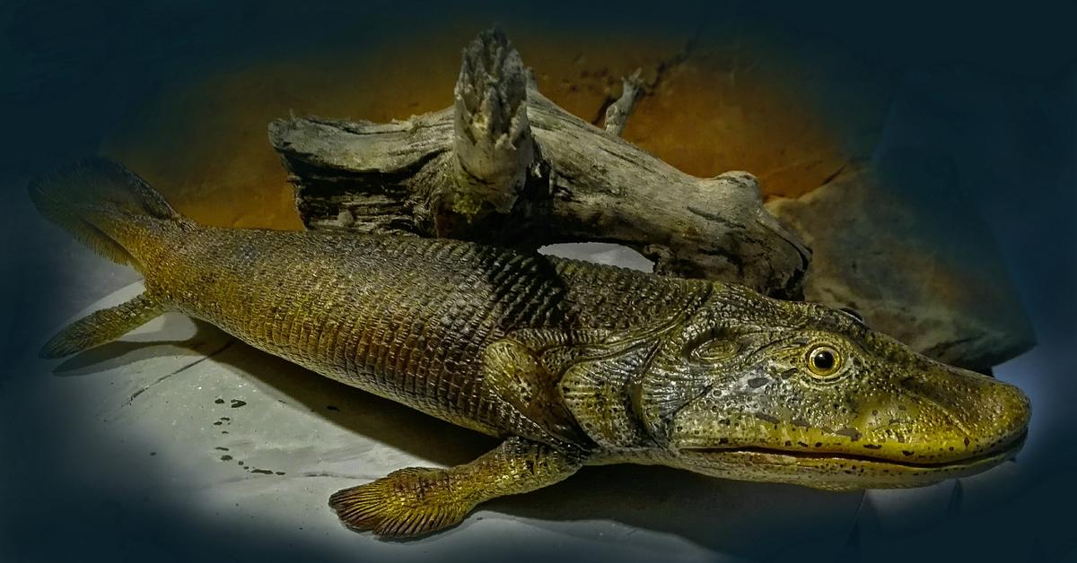 Detailed shot of the Tiktaalik, or Tiktaalik roseae, in its natural setting.